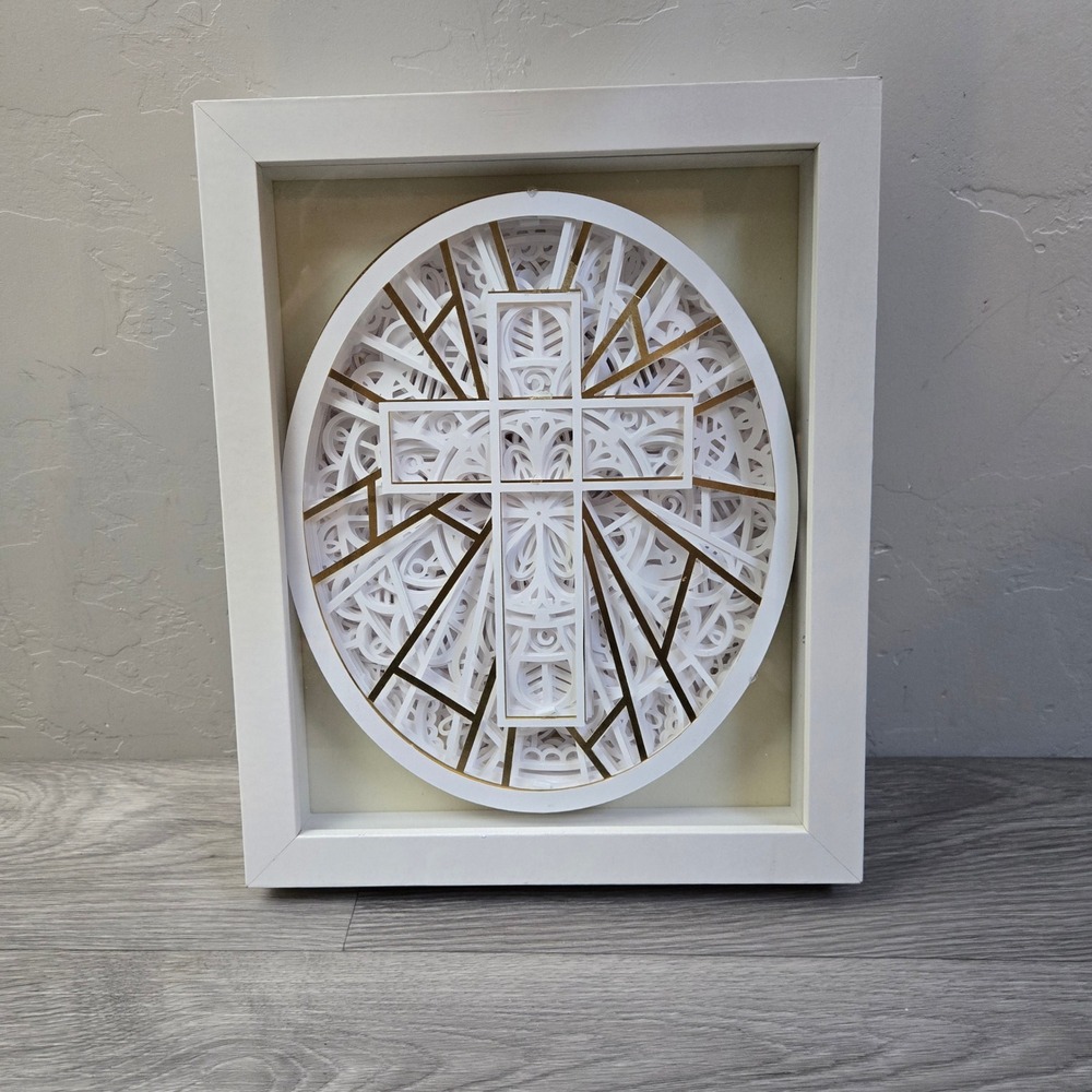 White Shadow Box 8x10 paper Cross Religious 3D Layered Gold Foil Art Wall Decor